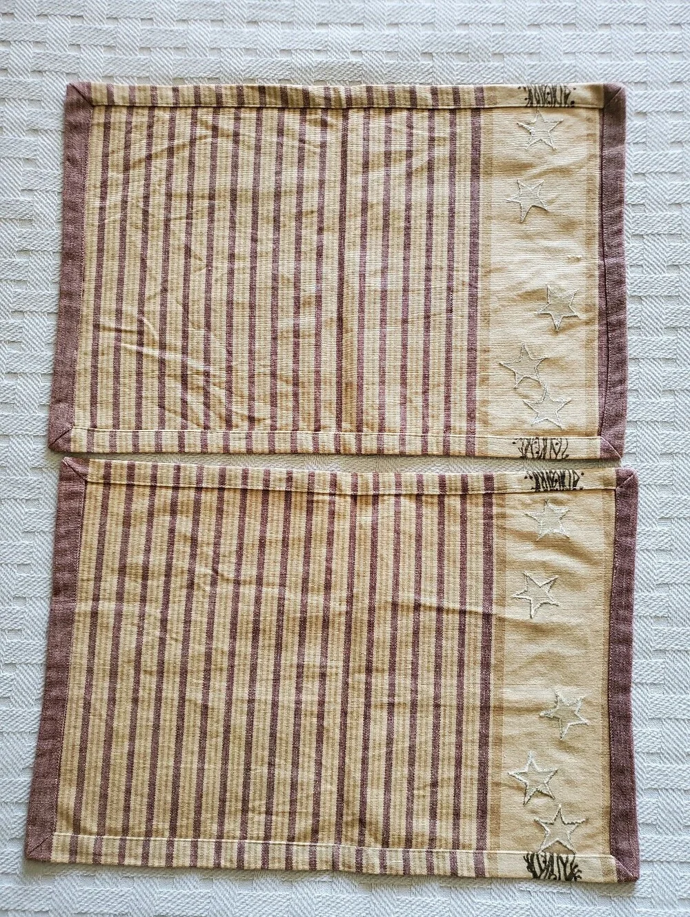 Rustic Primitive Barn Star Burgundy and Tan Ticking Stripe Cotton Placemats